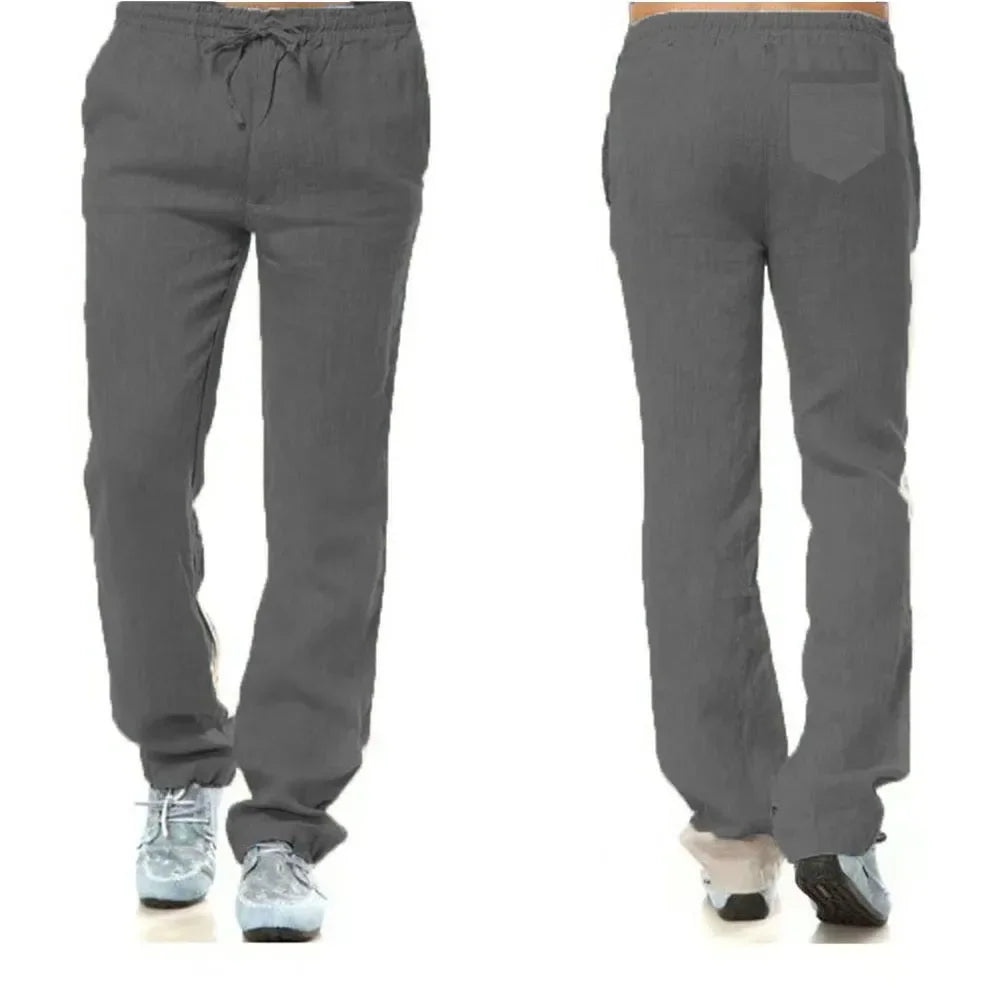 Men's Breathable Cotton Linen Pants Elastic Waist Back Pocket