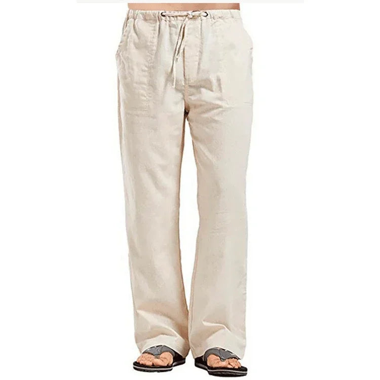 Men's Cotton Linen Pants Breathable Summer Trousers Drawstring Waist