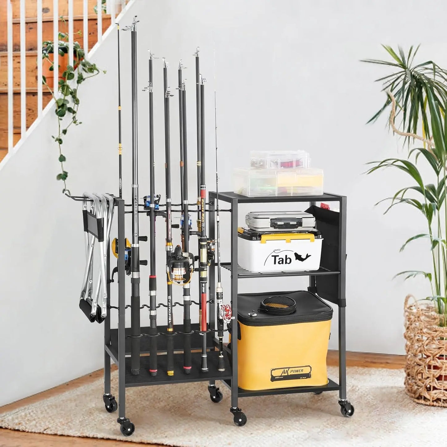 Rolling Fishing Rod Rack Garage And Boat With Tackle Box