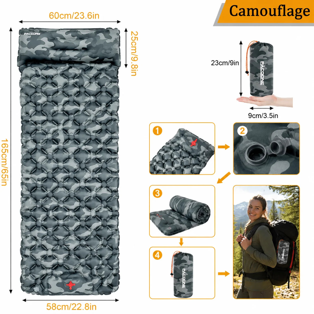 Inflatable Camping Air Mattress With Pillow, Foldable and Waterproof