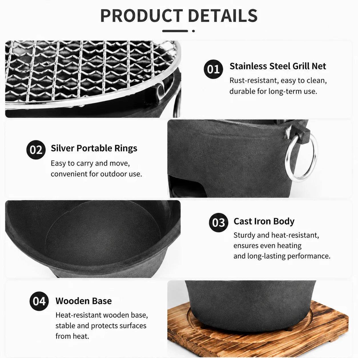 KL1 Portable Charcoal Grill Tabletop BBQ With Cast Iron Body