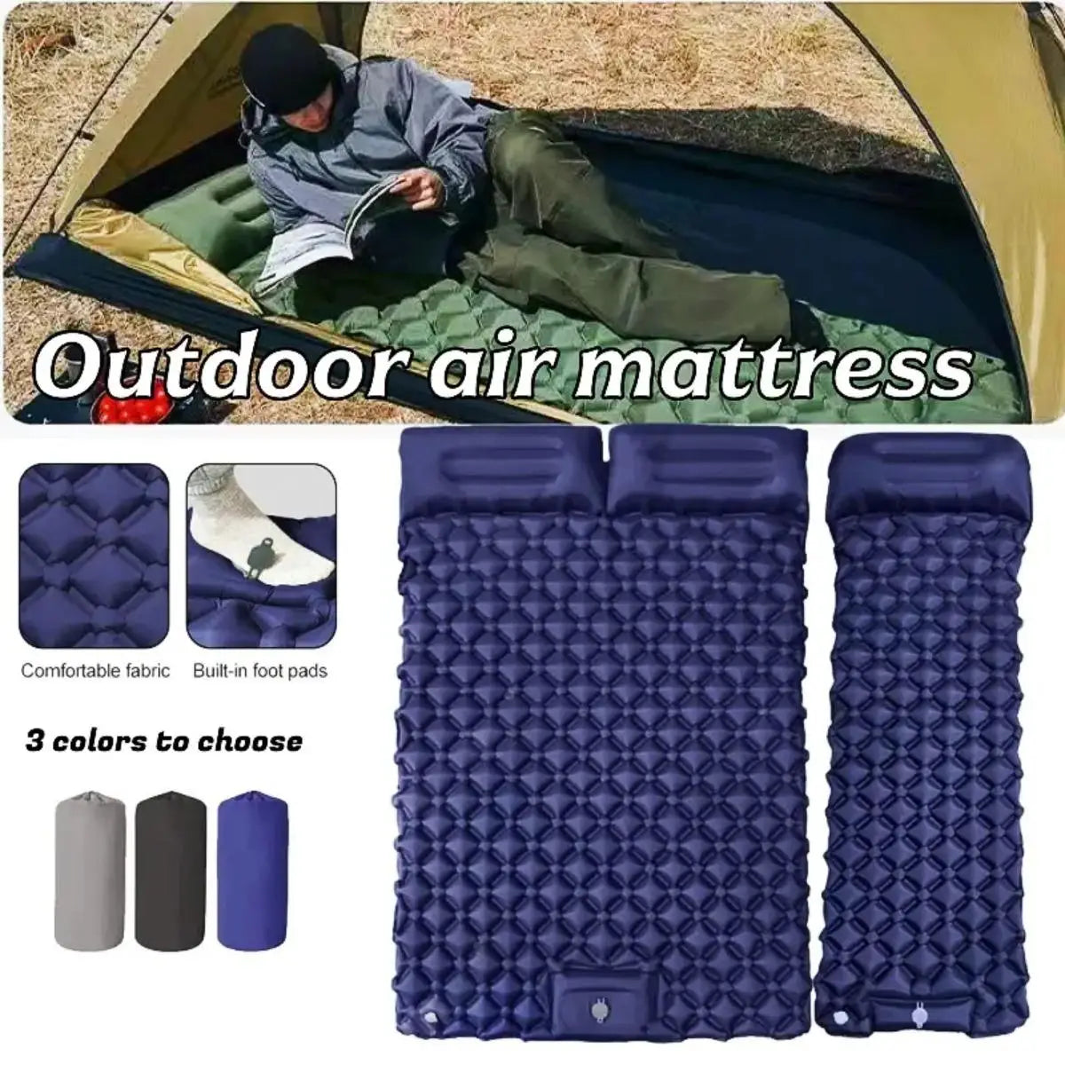 Inflatable Camping Air Mattress With Pillow, Foldable and Waterproof