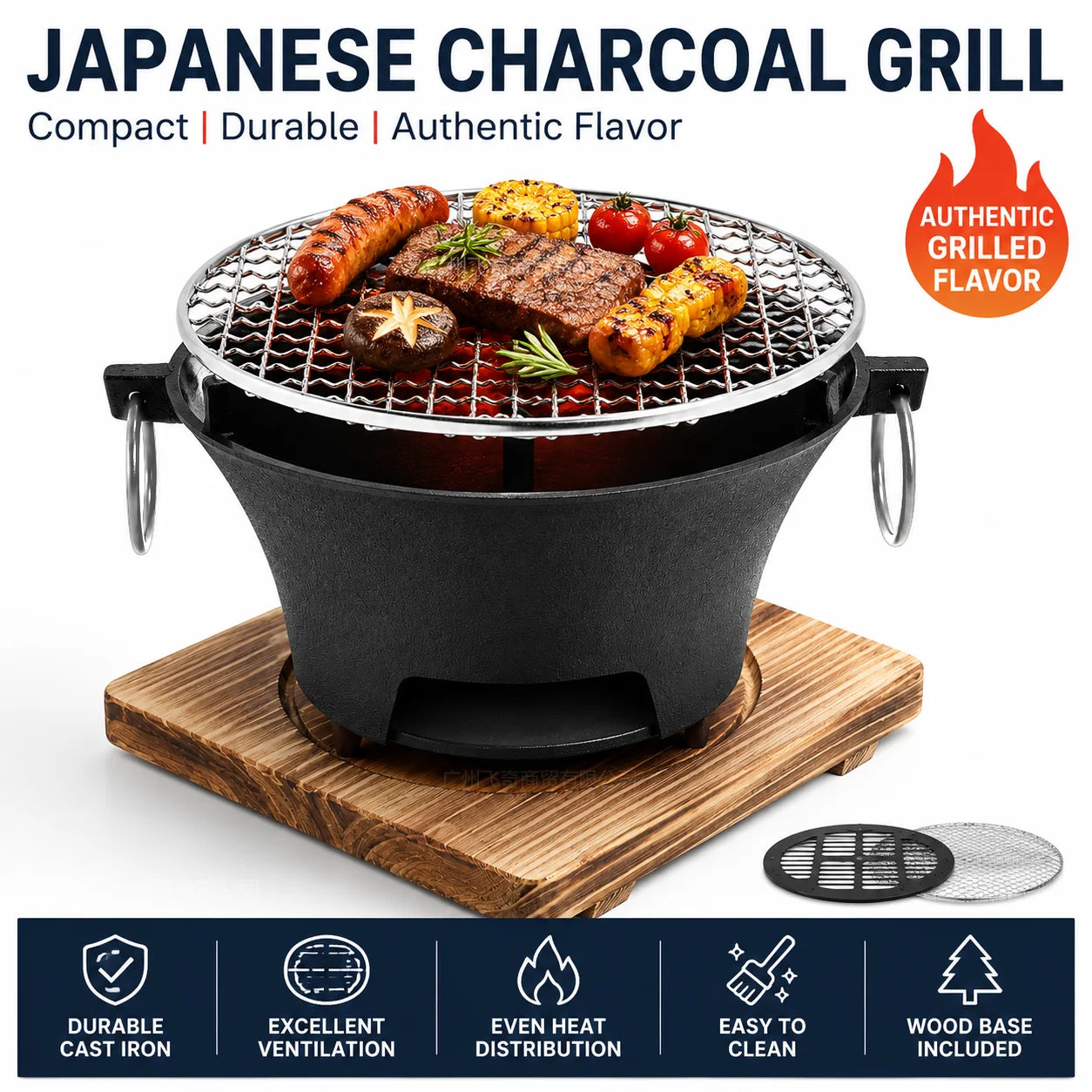 KL1 Portable Charcoal Grill Tabletop BBQ With Cast Iron Body