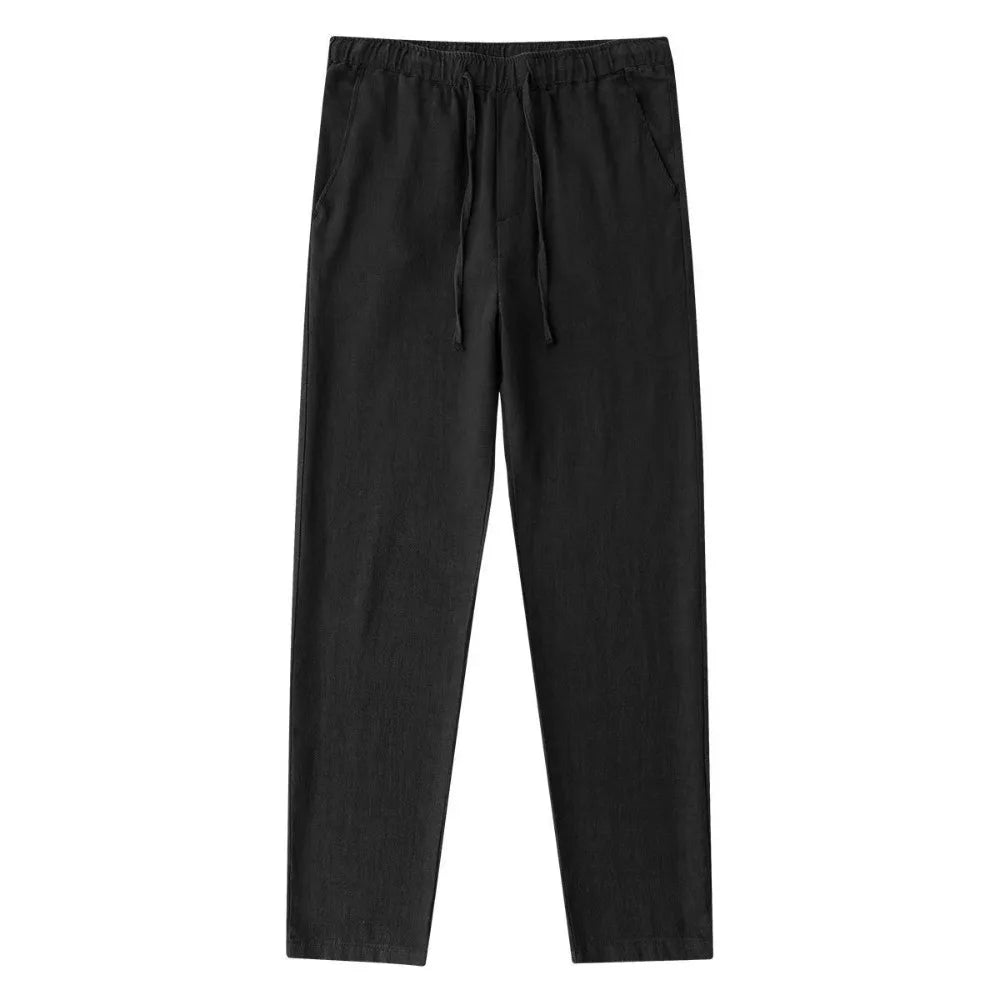 Men's Breathable Cotton Linen Pants Elastic Waist Back Pocket