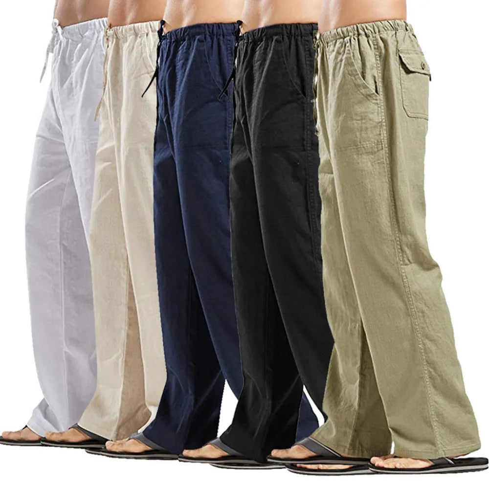 Men's Cotton Linen Pants Breathable Summer Trousers Drawstring Waist