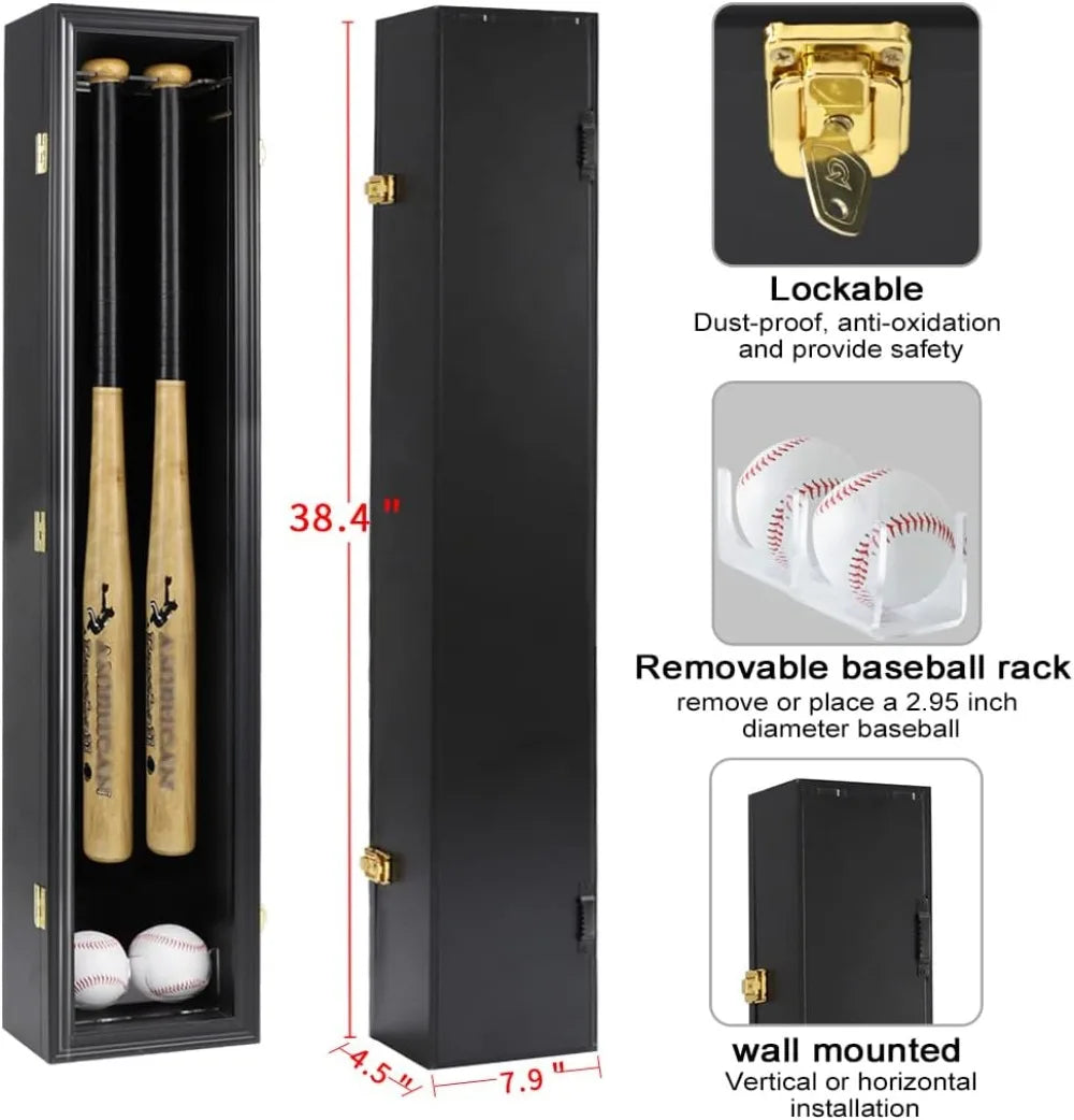 2-Bat Baseball Display Case, Wooden Frame, Acrylic Door, UV Protection