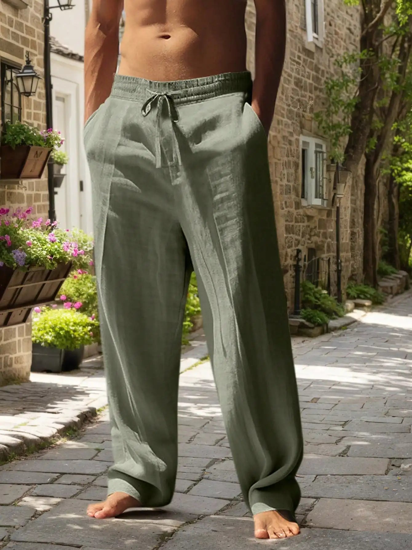 Linen Wide Leg Casual Pants For Men Breathable Summer
