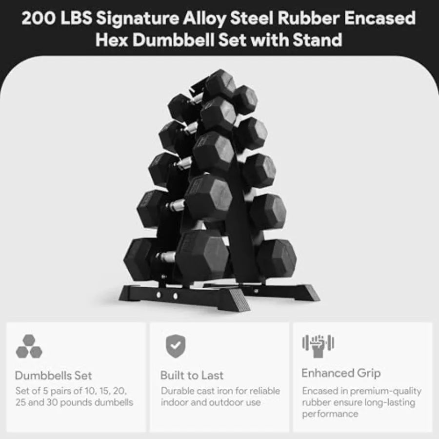 Rubber Coated Hex Dumbbell Set With A-Frame Rack Chrome Handles