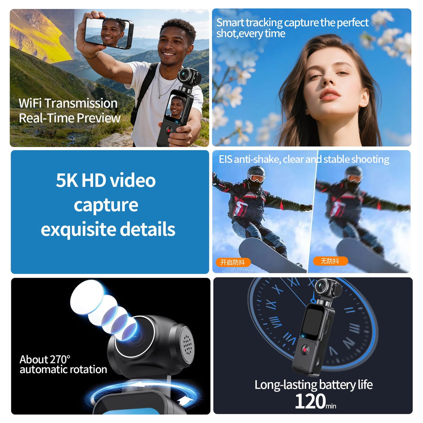 5K HD Handheld Action Camera With 270 Degree Rotating Lens