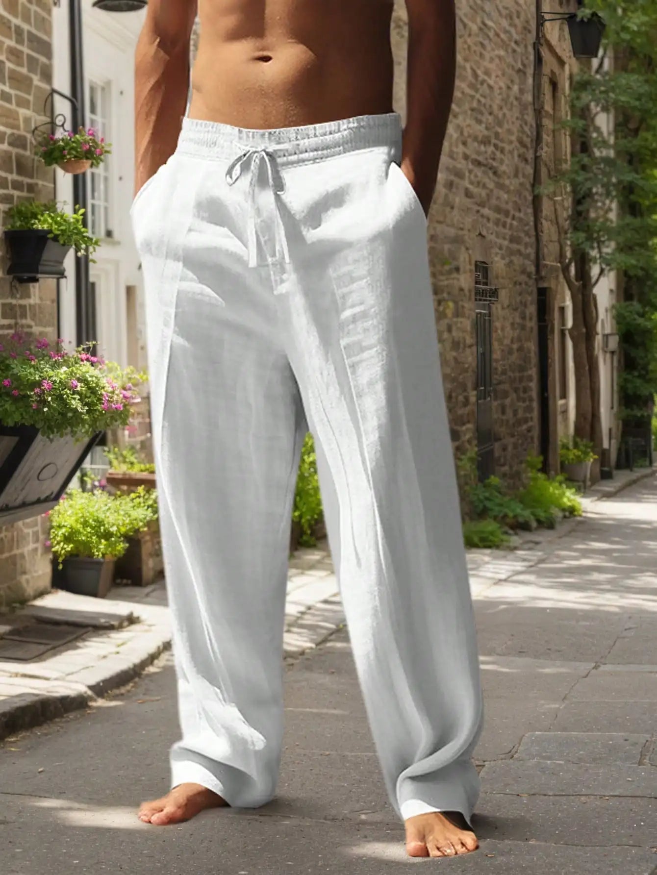 Linen Wide Leg Casual Pants For Men Breathable Summer