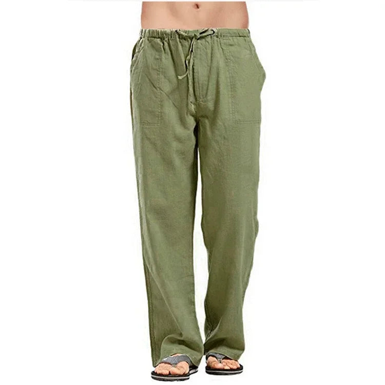 Men's Cotton Linen Pants Breathable Summer Trousers Drawstring Waist