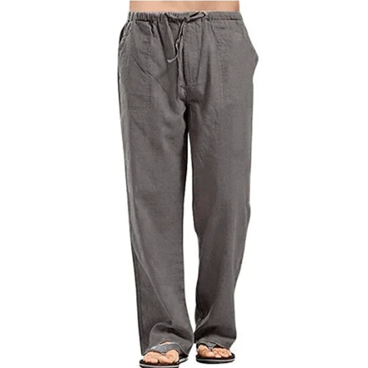 Men's Cotton Linen Pants Breathable Summer Trousers Drawstring Waist