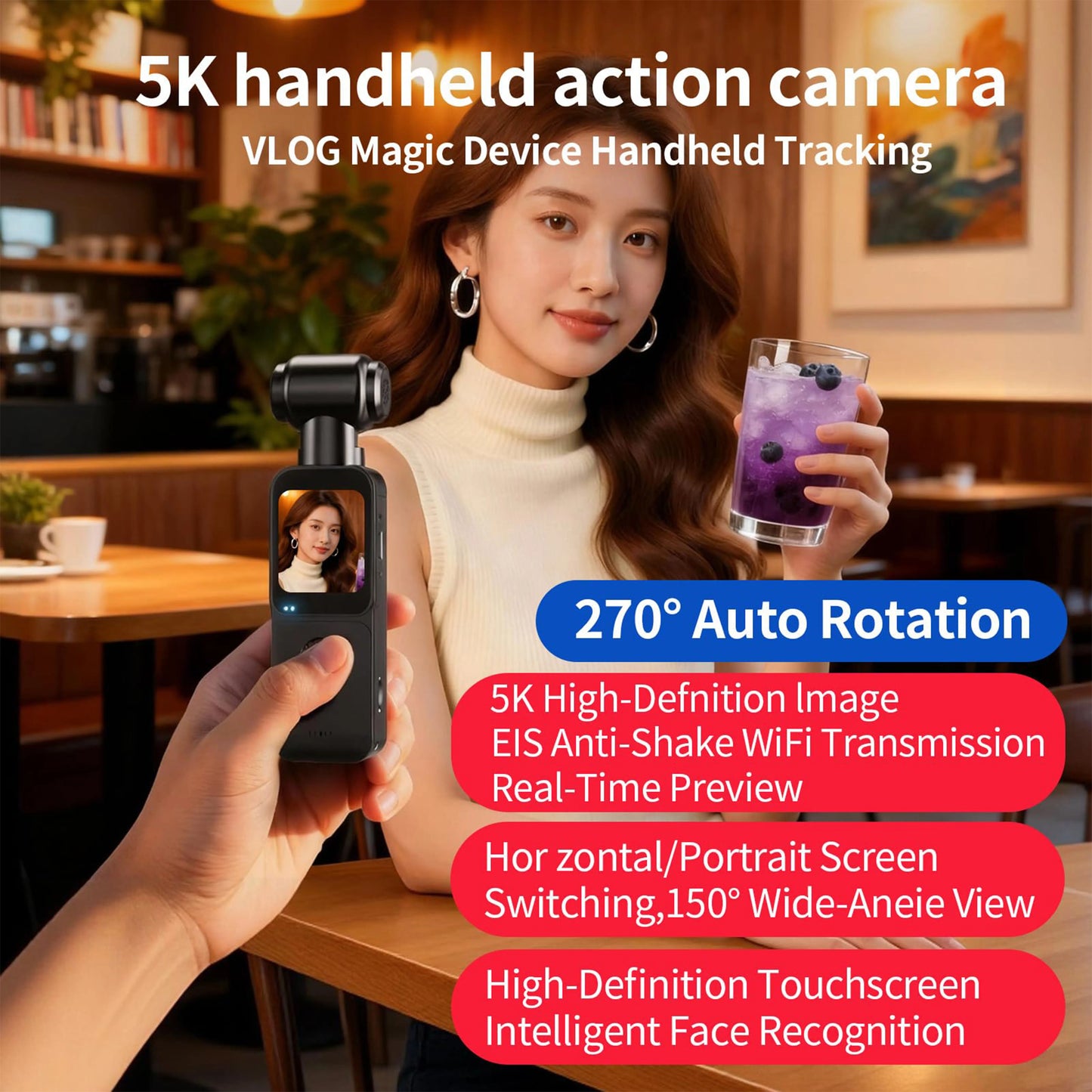 5K HD Handheld Action Camera With 270 Degree Rotating Lens