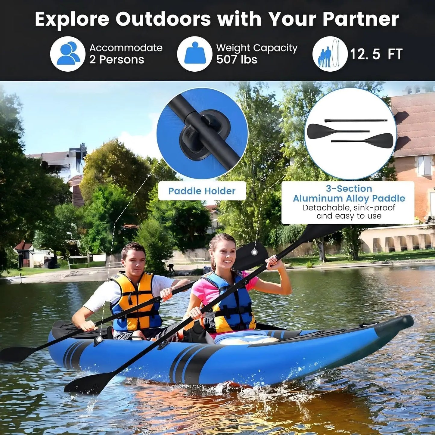 Tandem Inflatable Kayak For Two With Paddles And Accessories