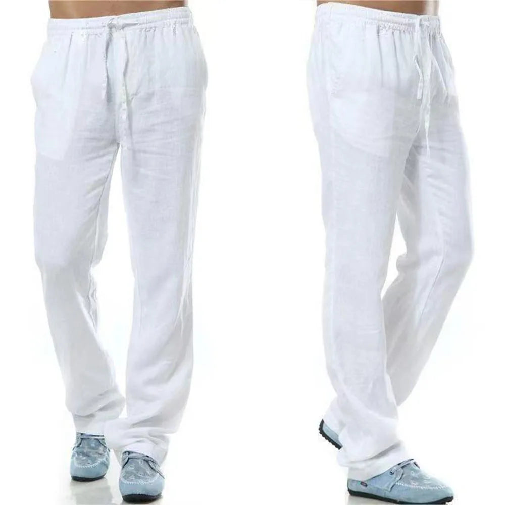 Men's Breathable Cotton Linen Pants Elastic Waist Back Pocket