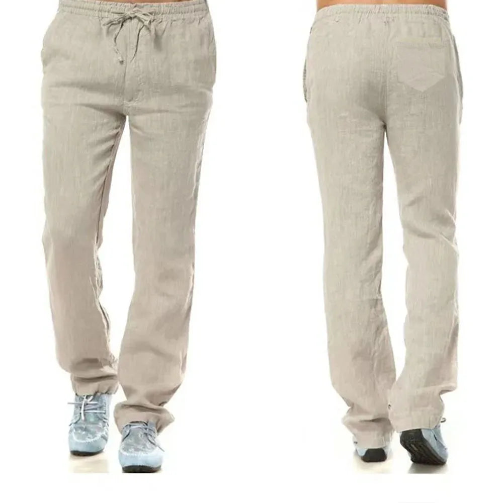 Men's Breathable Cotton Linen Pants Elastic Waist Back Pocket