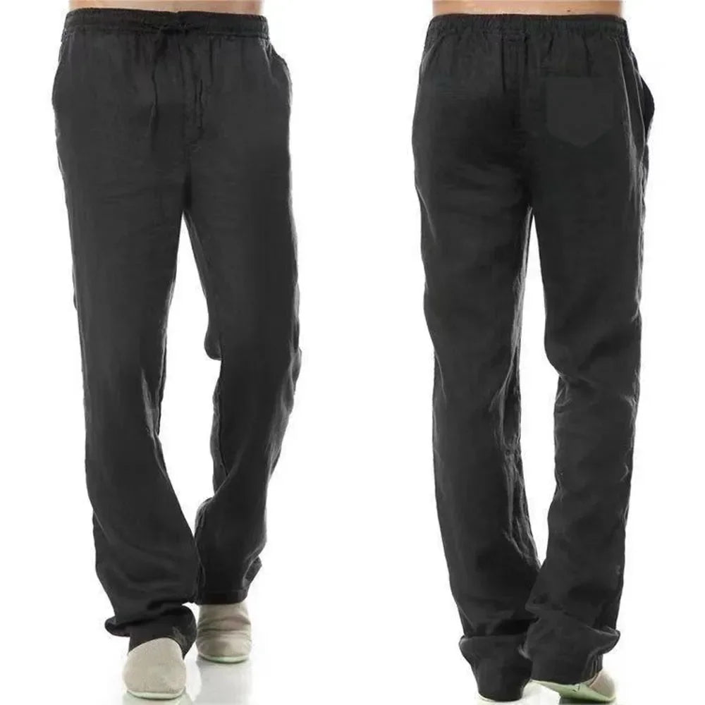 Men's Breathable Cotton Linen Pants Elastic Waist Back Pocket