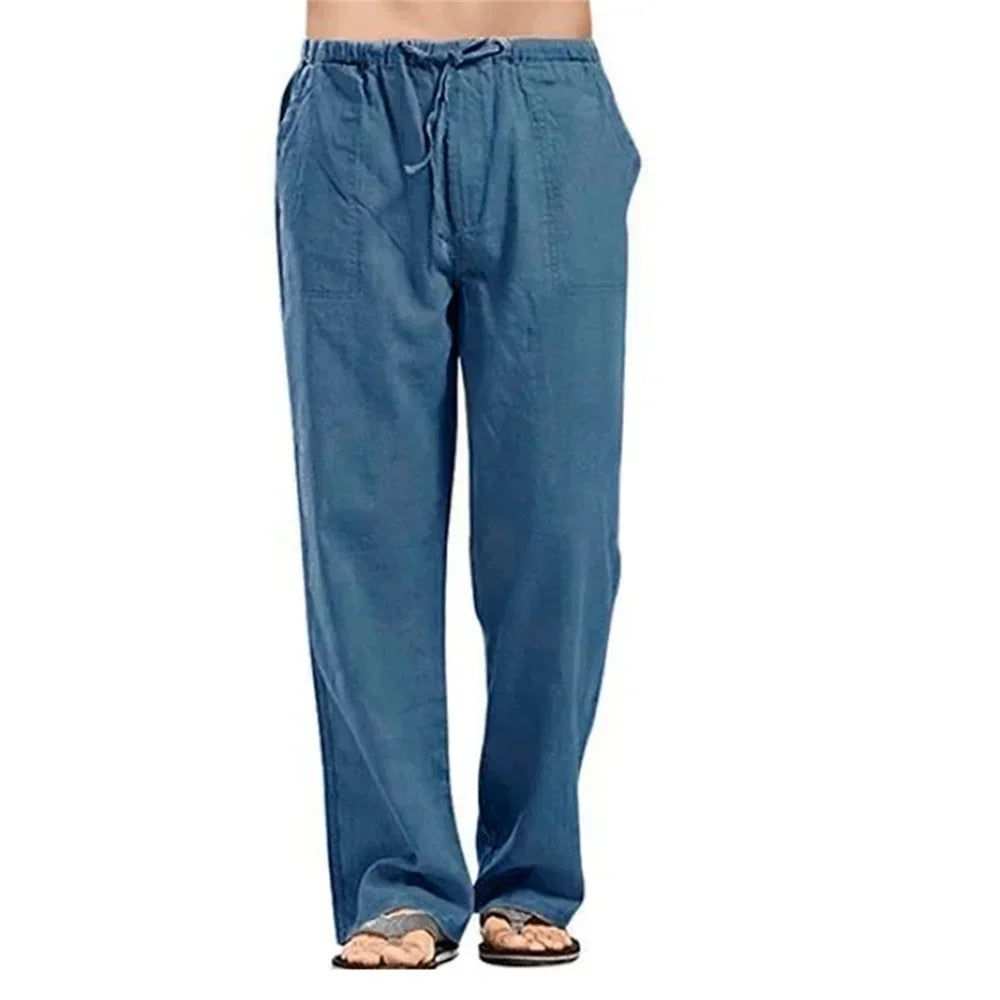 Men's Cotton Linen Pants Breathable Summer Trousers Drawstring Waist
