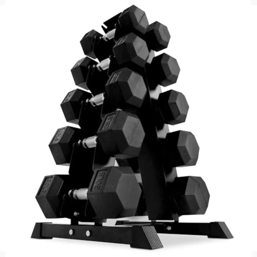 Rubber Coated Hex Dumbbell Set With A-Frame Rack Chrome Handles