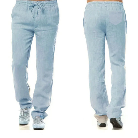 Men's Breathable Cotton Linen Pants Elastic Waist Back Pocket