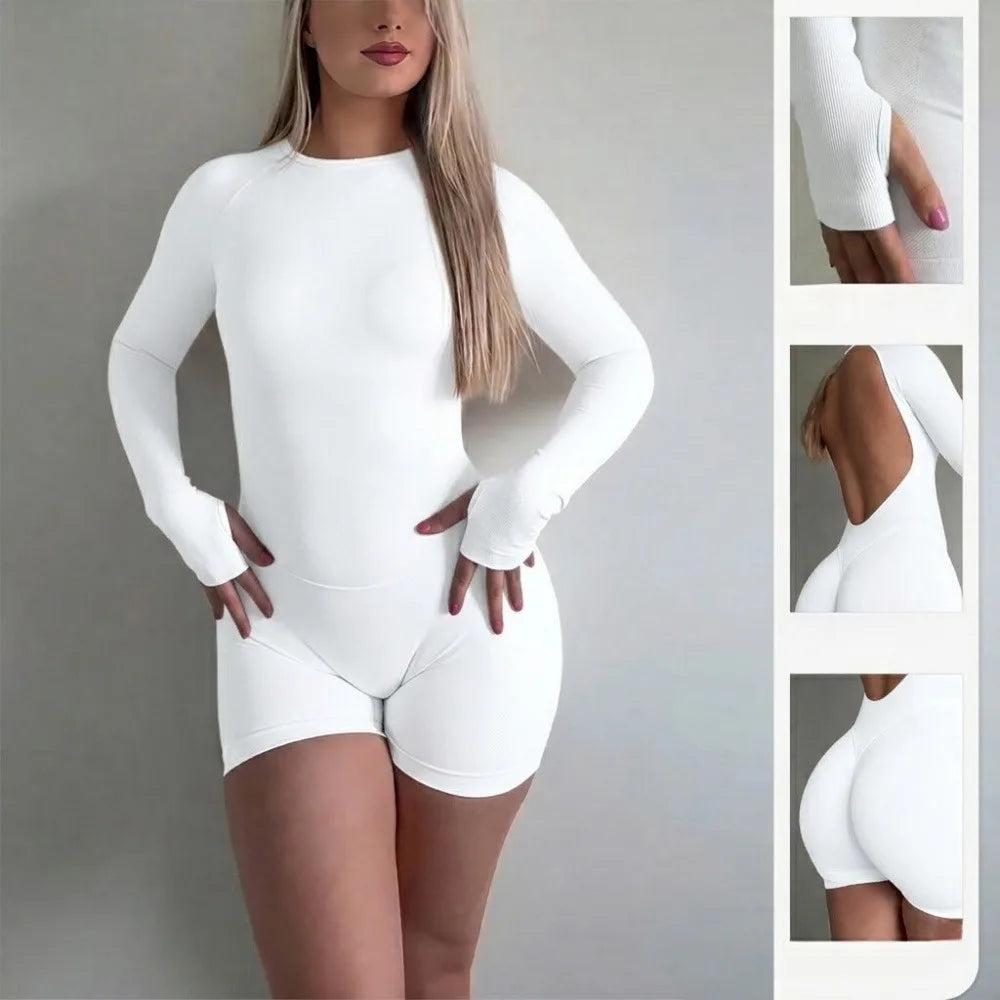 Women Seamless Knit Open Back Yoga Jumpsuit Nylon Elastane Breathable