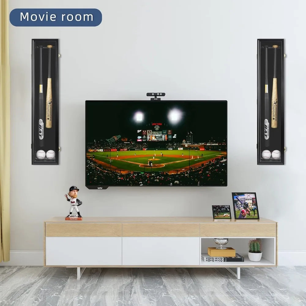 2-Bat Baseball Display Case, Wooden Frame, Acrylic Door, UV Protection