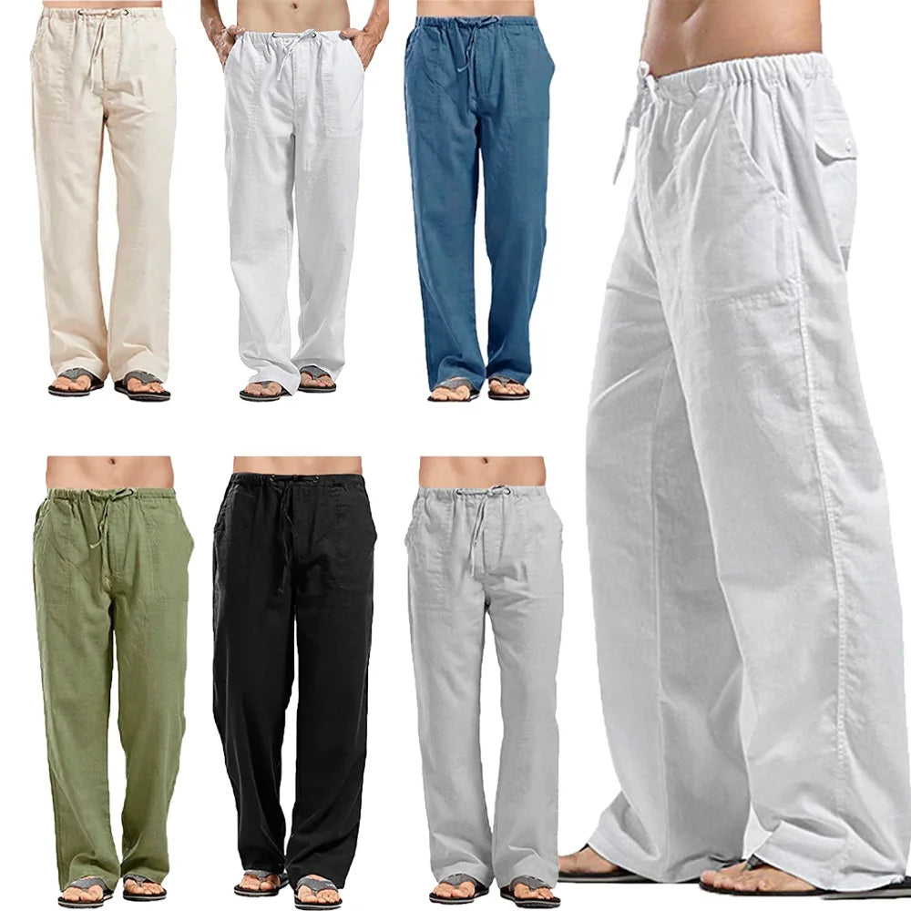 Men's Cotton Linen Pants Breathable Summer Trousers Drawstring Waist