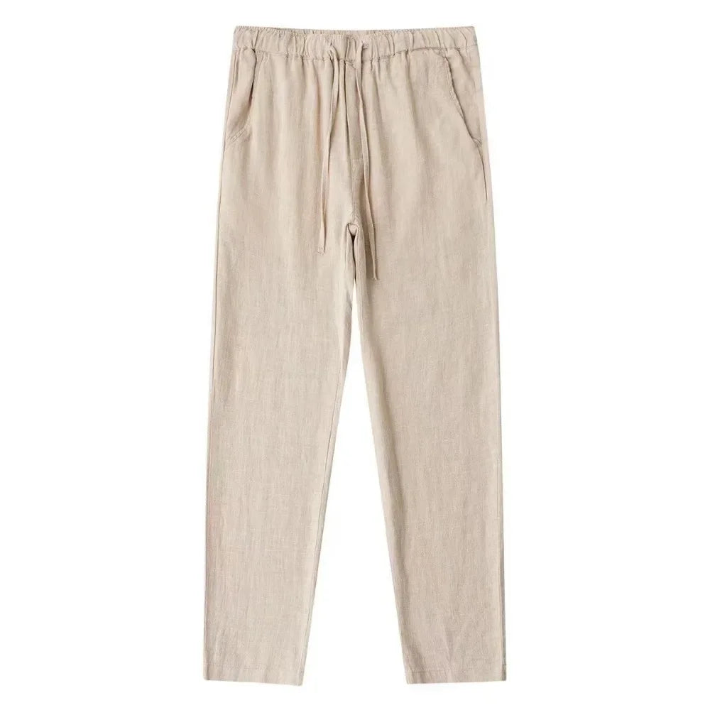 Men's Breathable Cotton Linen Pants Elastic Waist Back Pocket