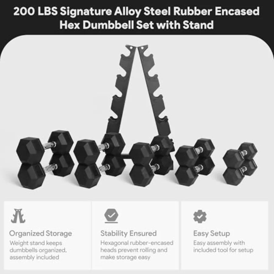 Rubber Coated Hex Dumbbell Set With A-Frame Rack Chrome Handles