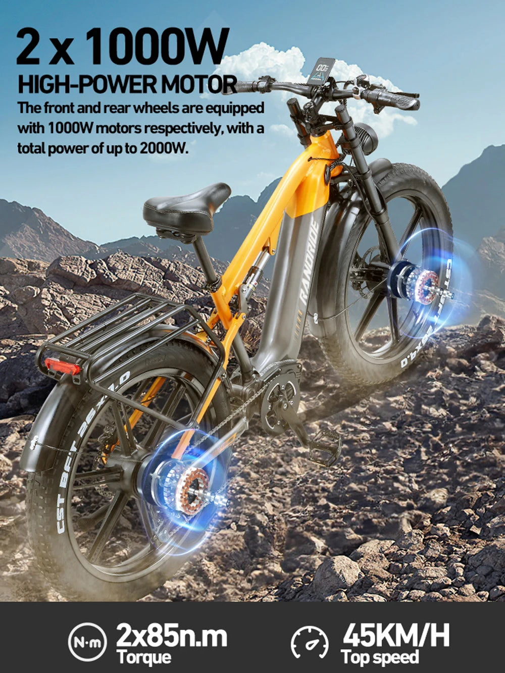 RANDRIDE 2000W Electric Mountain Bike 48V 20Ah 50kmh Off Road