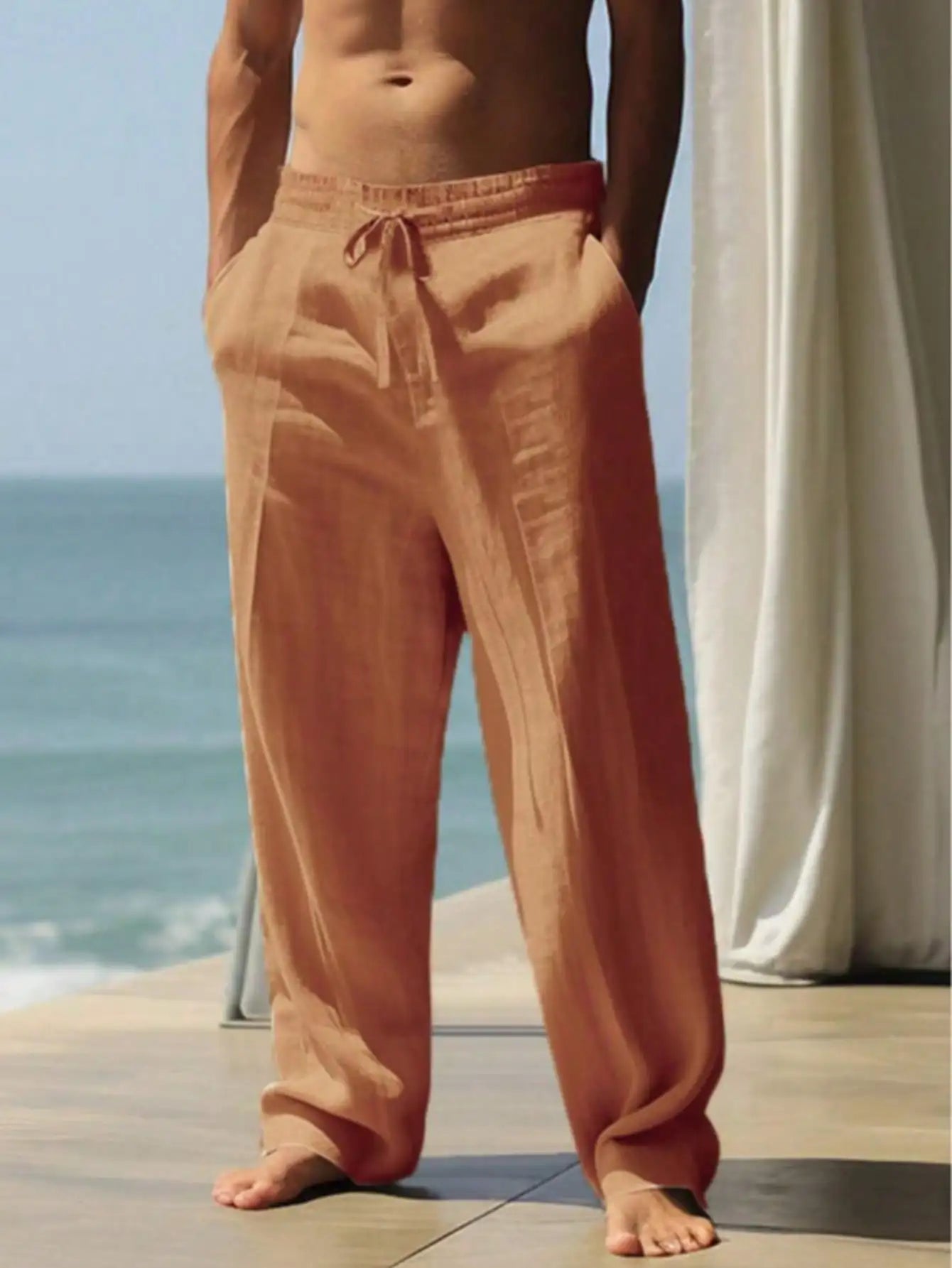 Linen Wide Leg Casual Pants For Men Breathable Summer