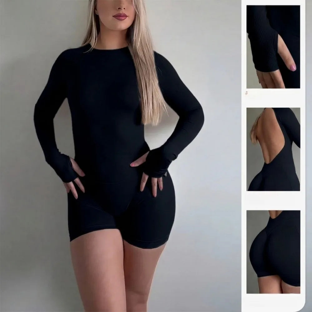 Women Seamless Knit Open Back Yoga Jumpsuit Nylon Elastane Breathable