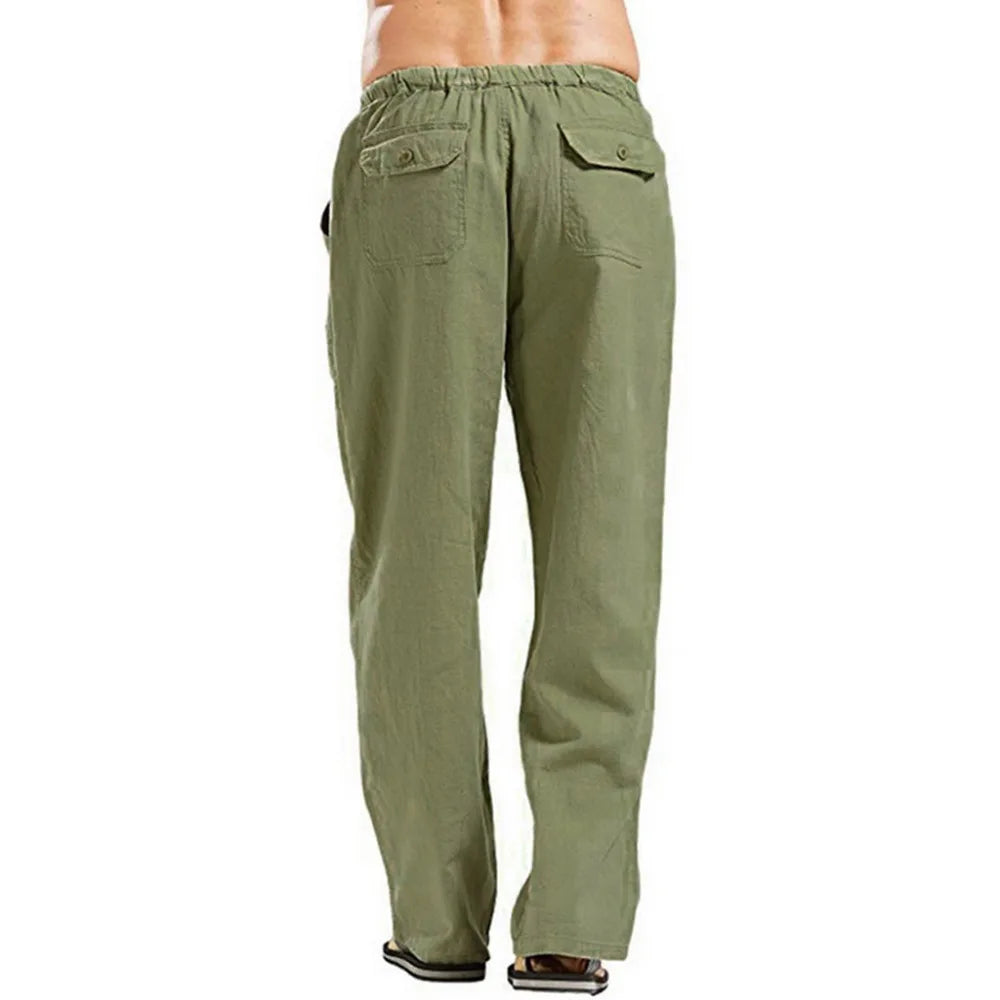 Men's Cotton Linen Pants Breathable Summer Trousers Drawstring Waist
