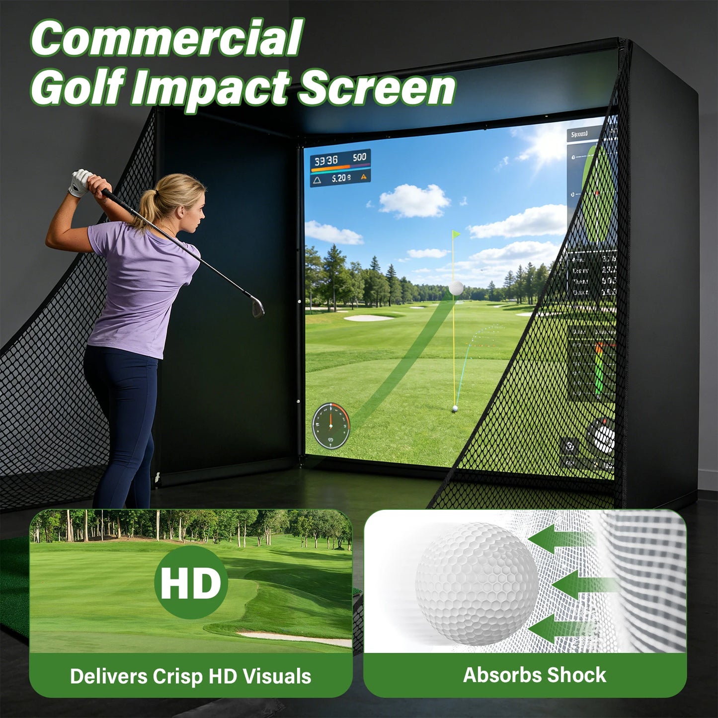 Golf Simulator Enclosure Net With HD Screen Heavy Duty Frame
