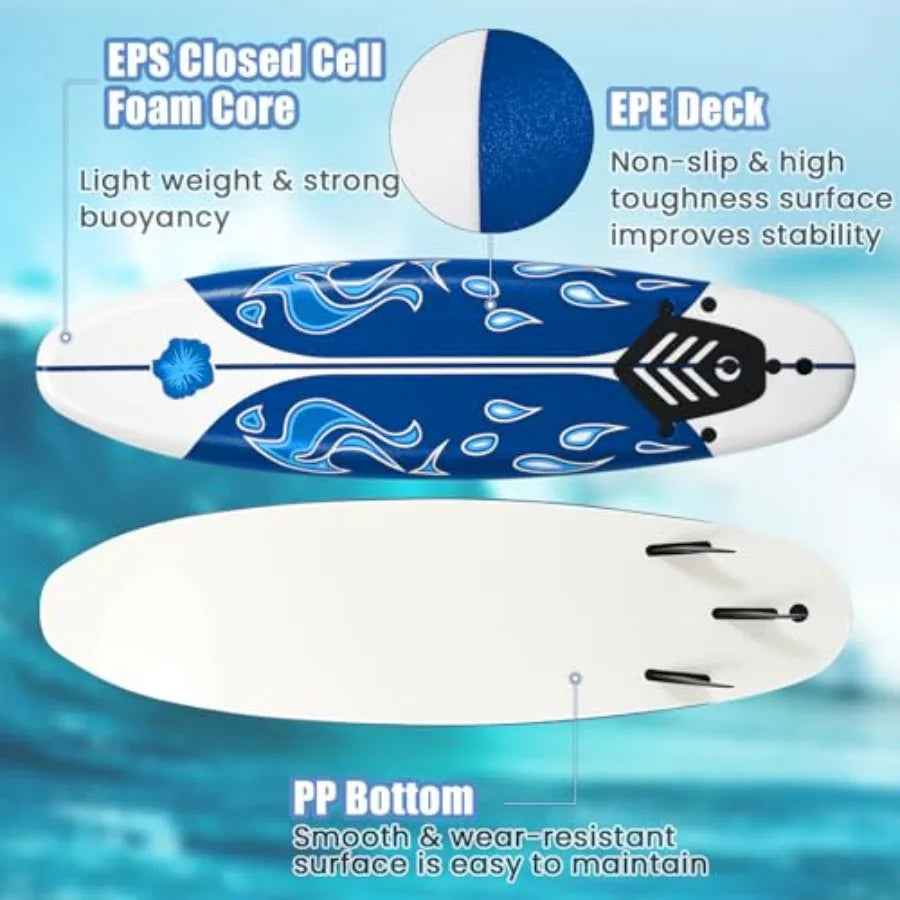 Lightweight Surfboard With 3 Removable Fins And Leash
