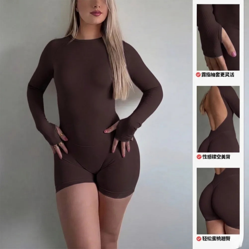 Women Seamless Knit Open Back Yoga Jumpsuit Nylon Elastane Breathable