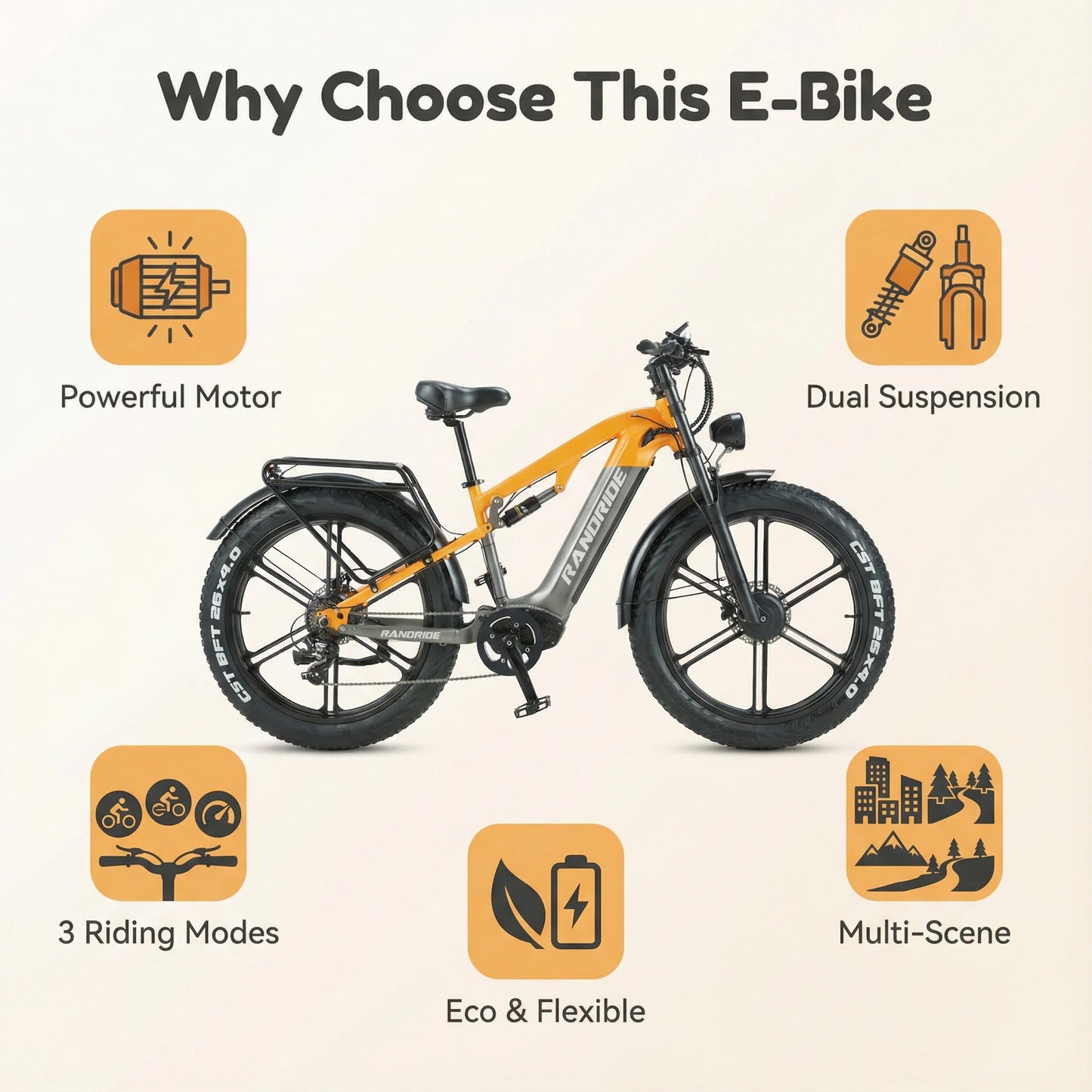 RANDRIDE 2000W Electric Mountain Bike 48V 20Ah 50kmh Off Road
