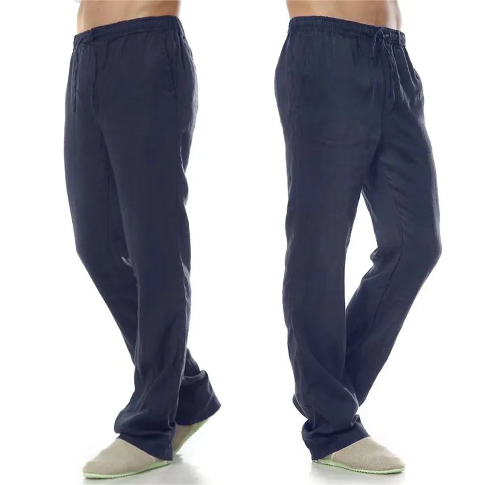 Men's Breathable Cotton Linen Pants Elastic Waist Back Pocket