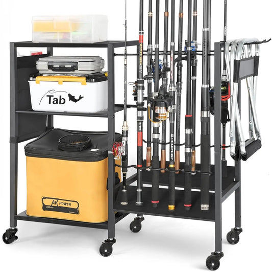 Rolling Fishing Rod Rack Garage And Boat With Tackle Box