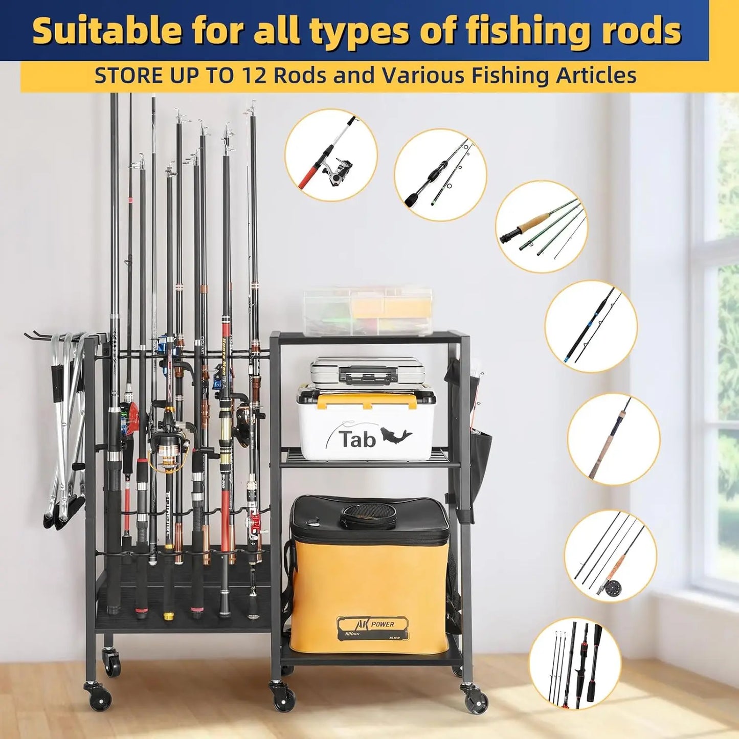 Rolling Fishing Rod Rack Garage And Boat With Tackle Box