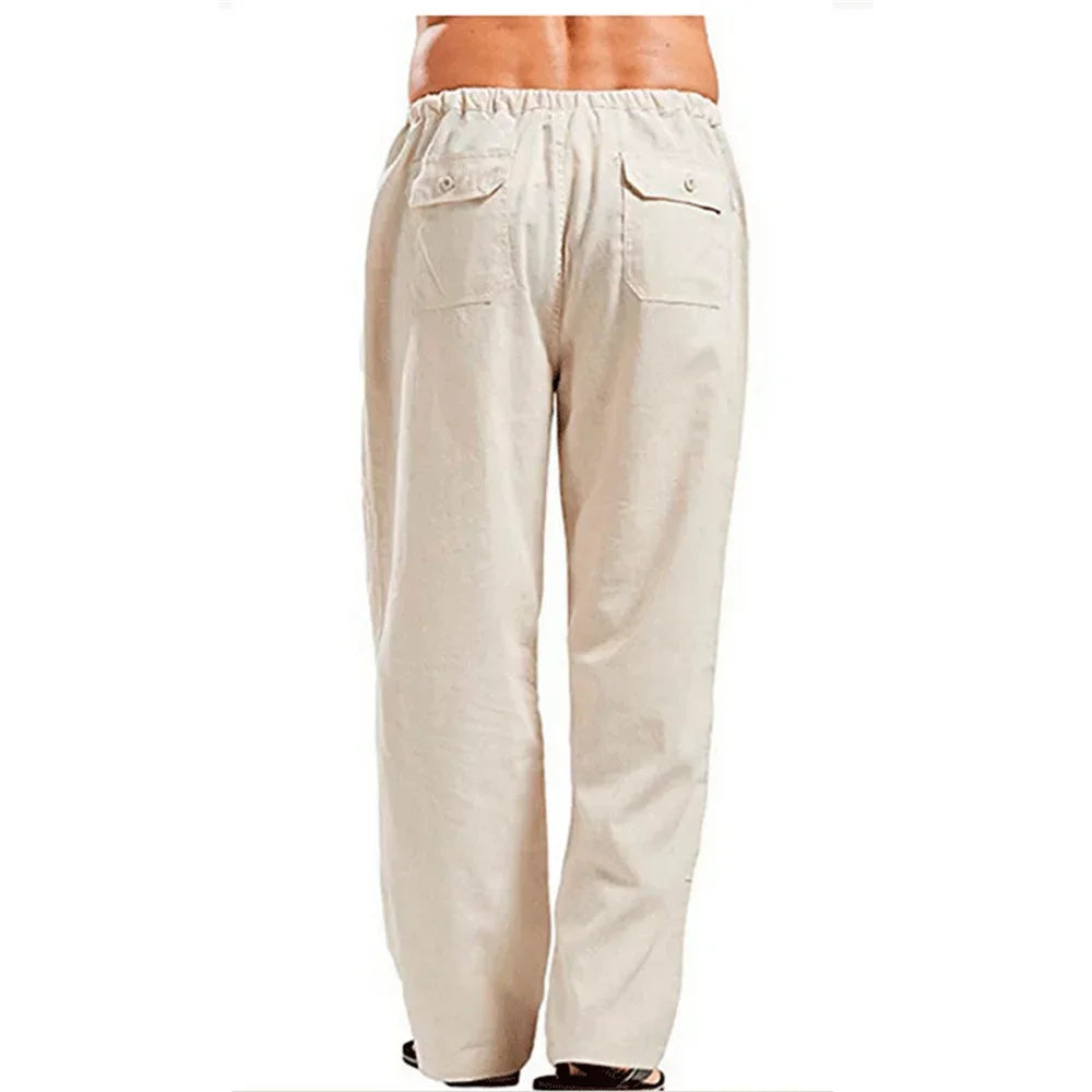 Men's Cotton Linen Pants Breathable Summer Trousers Drawstring Waist