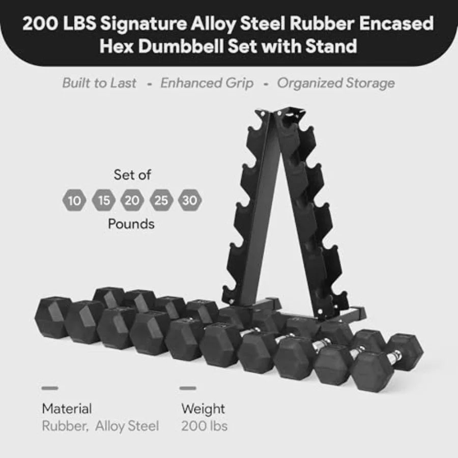 Rubber Coated Hex Dumbbell Set With A-Frame Rack Chrome Handles