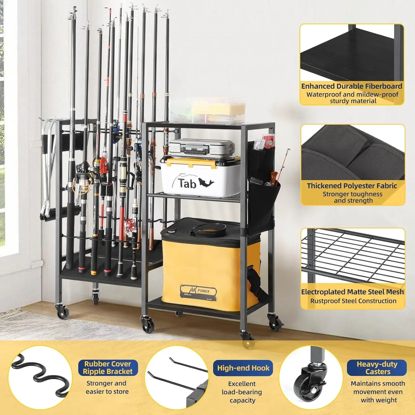 Rolling Fishing Rod Rack Garage And Boat With Tackle Box