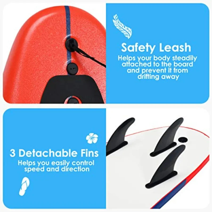 Stand Up Surfboard With Detachable Fins Non Slip Foam Leash