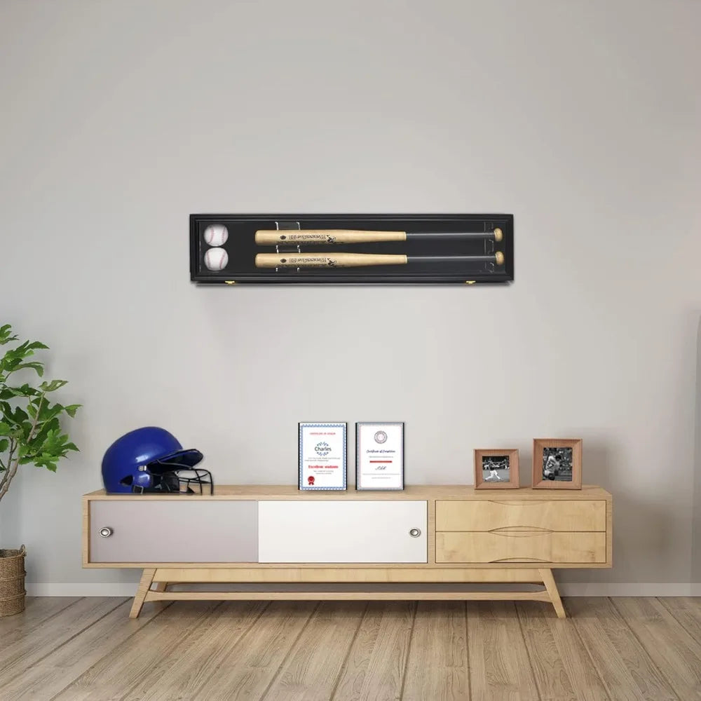 2-Bat Baseball Display Case, Wooden Frame, Acrylic Door, UV Protection