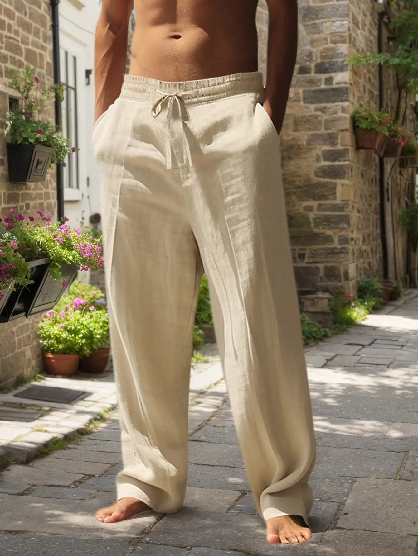 Linen Wide Leg Casual Pants For Men Breathable Summer