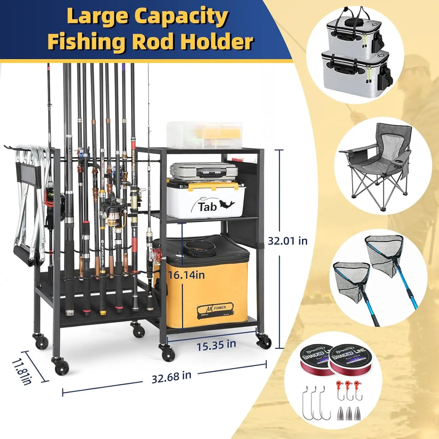 Rolling Fishing Rod Rack Garage And Boat With Tackle Box