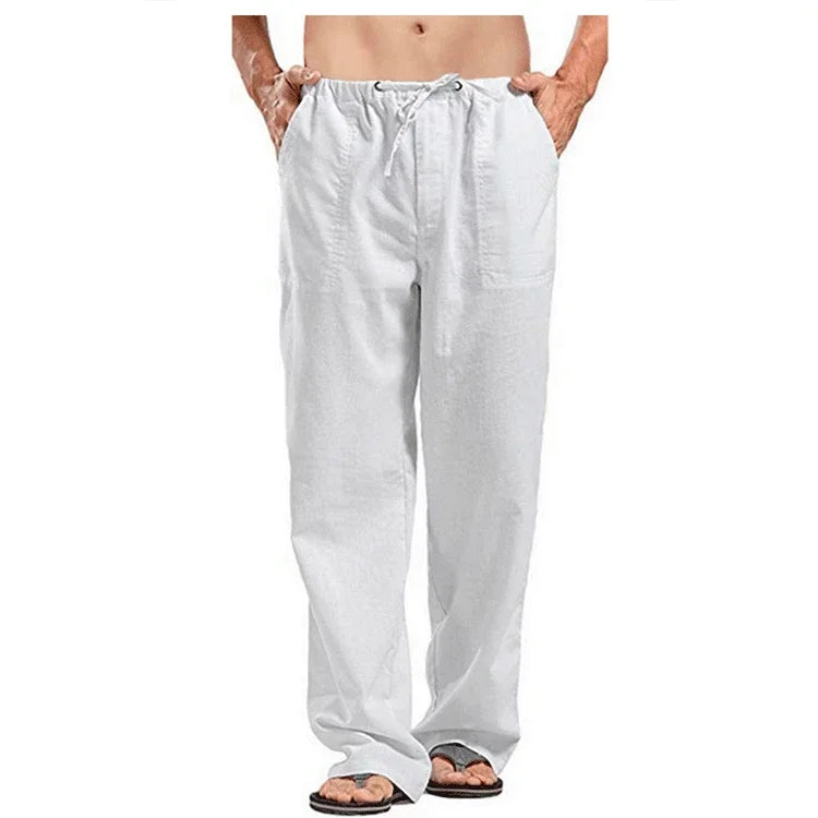 Men's Cotton Linen Pants Breathable Summer Trousers Drawstring Waist