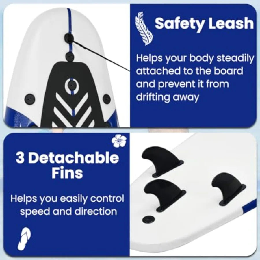 Lightweight Surfboard With 3 Removable Fins And Leash