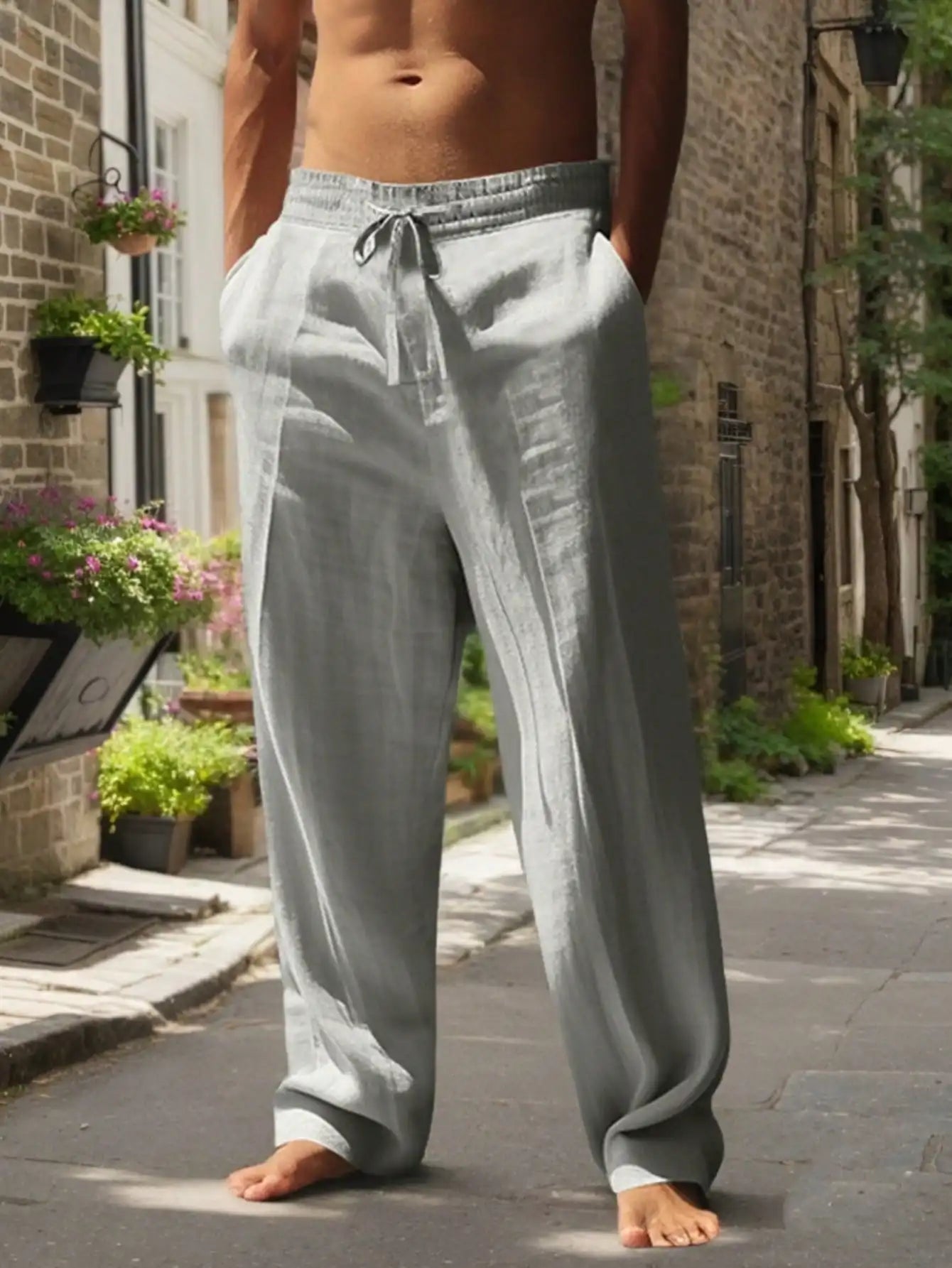 Linen Wide Leg Casual Pants For Men Breathable Summer